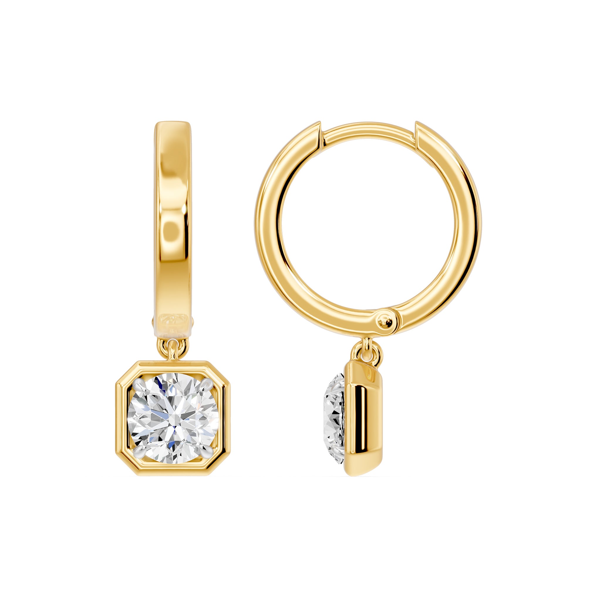 Frame Bezel Round Cush Dangle Huggie Earrings, lab-grown diamonds, 14K yellow gold, side view