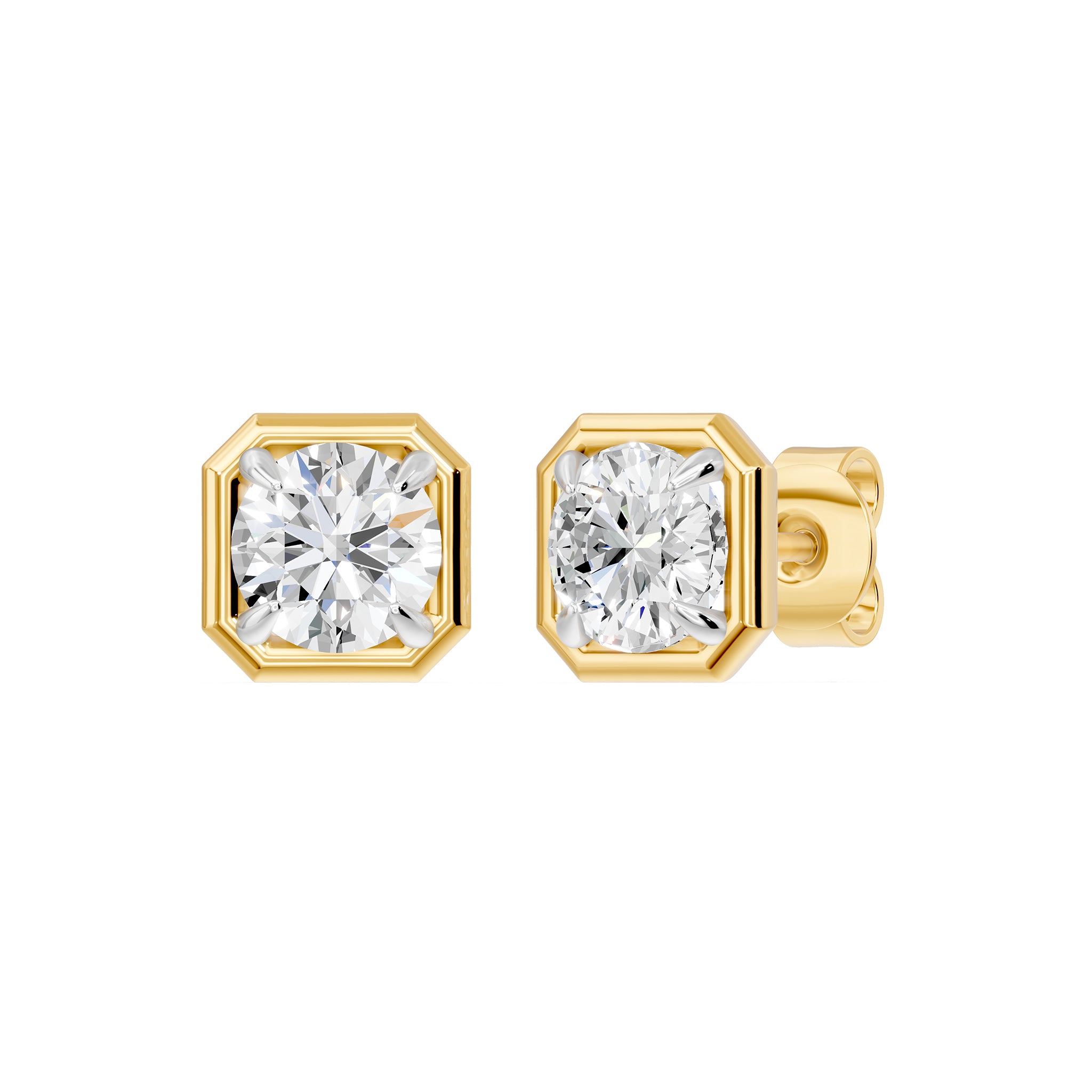 Frame Bezel Round Cush Solitaire Stud Earrings, lab-grown diamonds, 14K yellow gold, front view