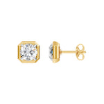 Frame Bezel Round Cush Solitaire Stud Earrings, lab-grown diamonds, 14K yellow gold, side view