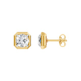 Frame Bezel Round Cush Solitaire Stud Earrings, lab-grown diamonds, 14K yellow gold, side view