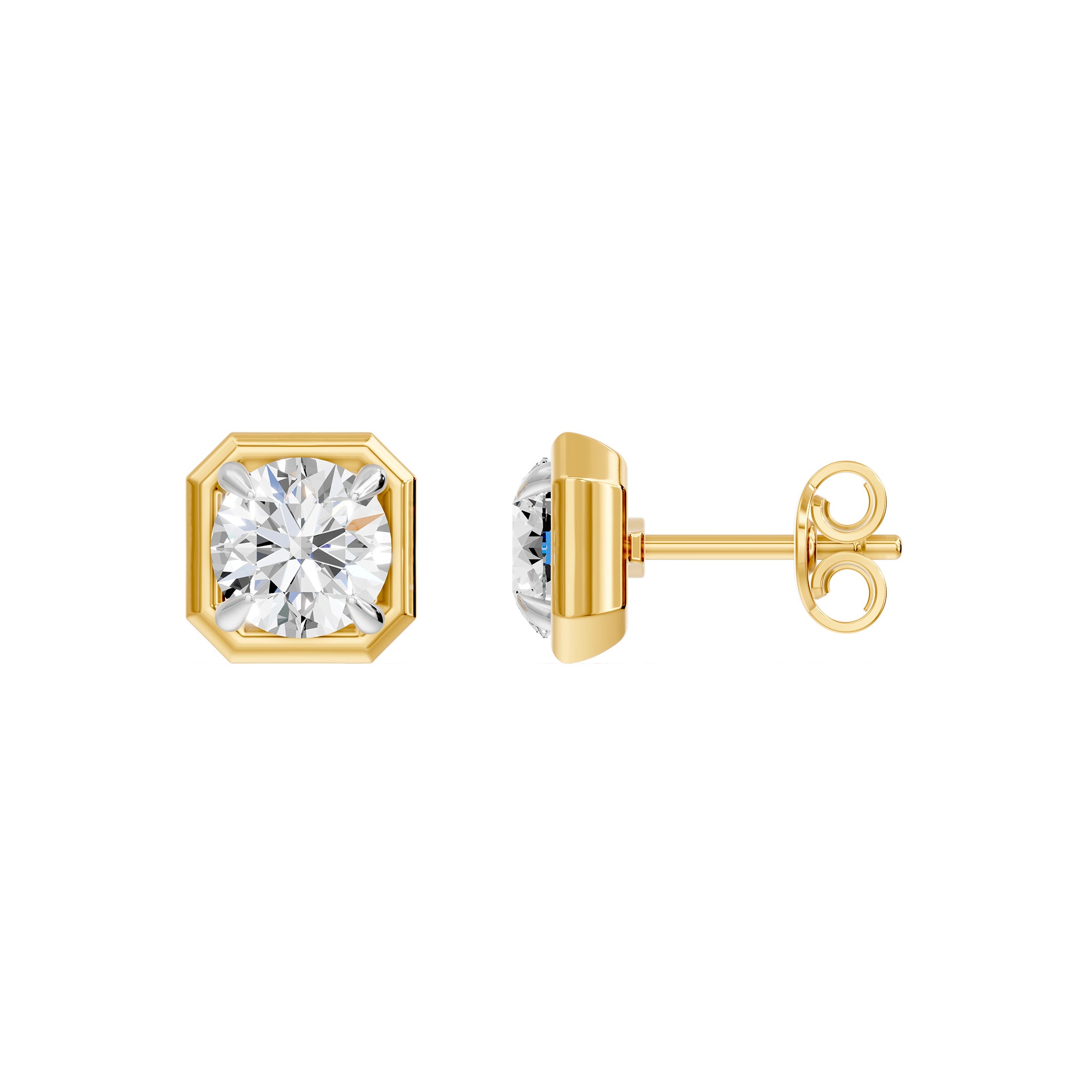 Frame Bezel Round Cush Solitaire Stud Earrings, lab-grown diamonds, 14K yellow gold, side view
