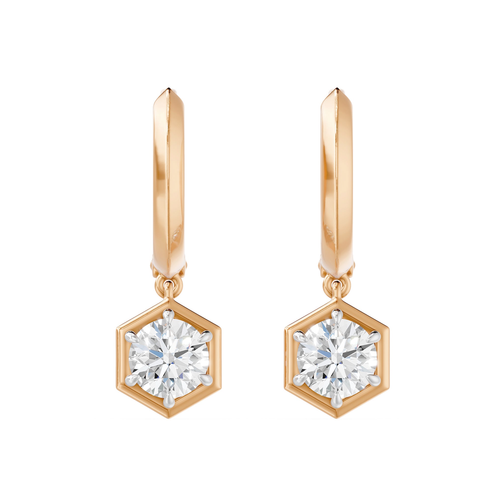 Frame Bezel Round Hex Dangle Huggie Earrings, lab-grown diamonds, 14K rose gold, front view