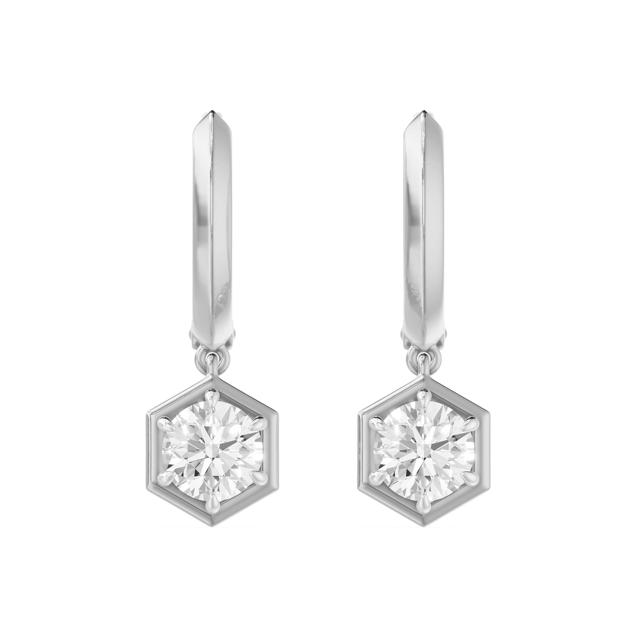 Frame Bezel Round Hex Dangle Huggie Earrings, lab-grown diamonds, 14K white gold, front view