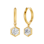 Frame Bezel Round Hex Dangle Huggie Earrings, lab-grown diamonds, 14K yellow gold, front view