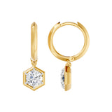 Frame Bezel Round Hex Dangle Huggie Earrings, lab-grown diamonds, 14K yellow gold, side view