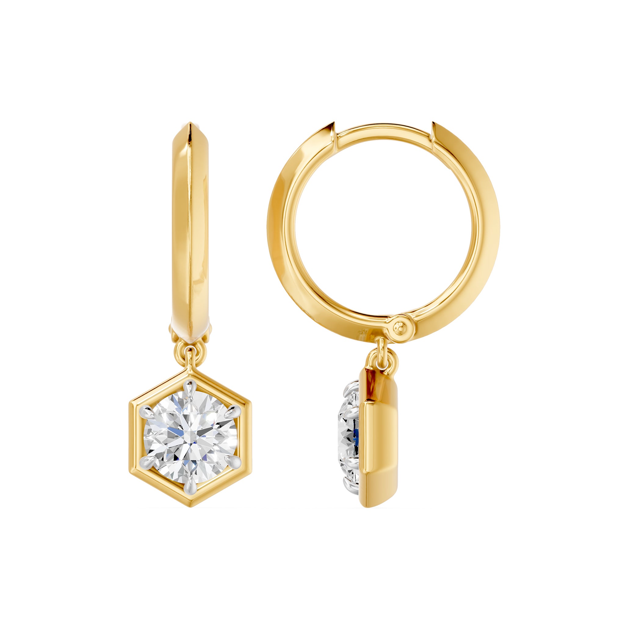 Frame Bezel Round Hex Dangle Huggie Earrings, lab-grown diamonds, 14K yellow gold, side view