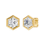 Frame Bezel Round Hex Solitaire Stud Earrings, lab-grown diamonds, 14K yellow gold, front view