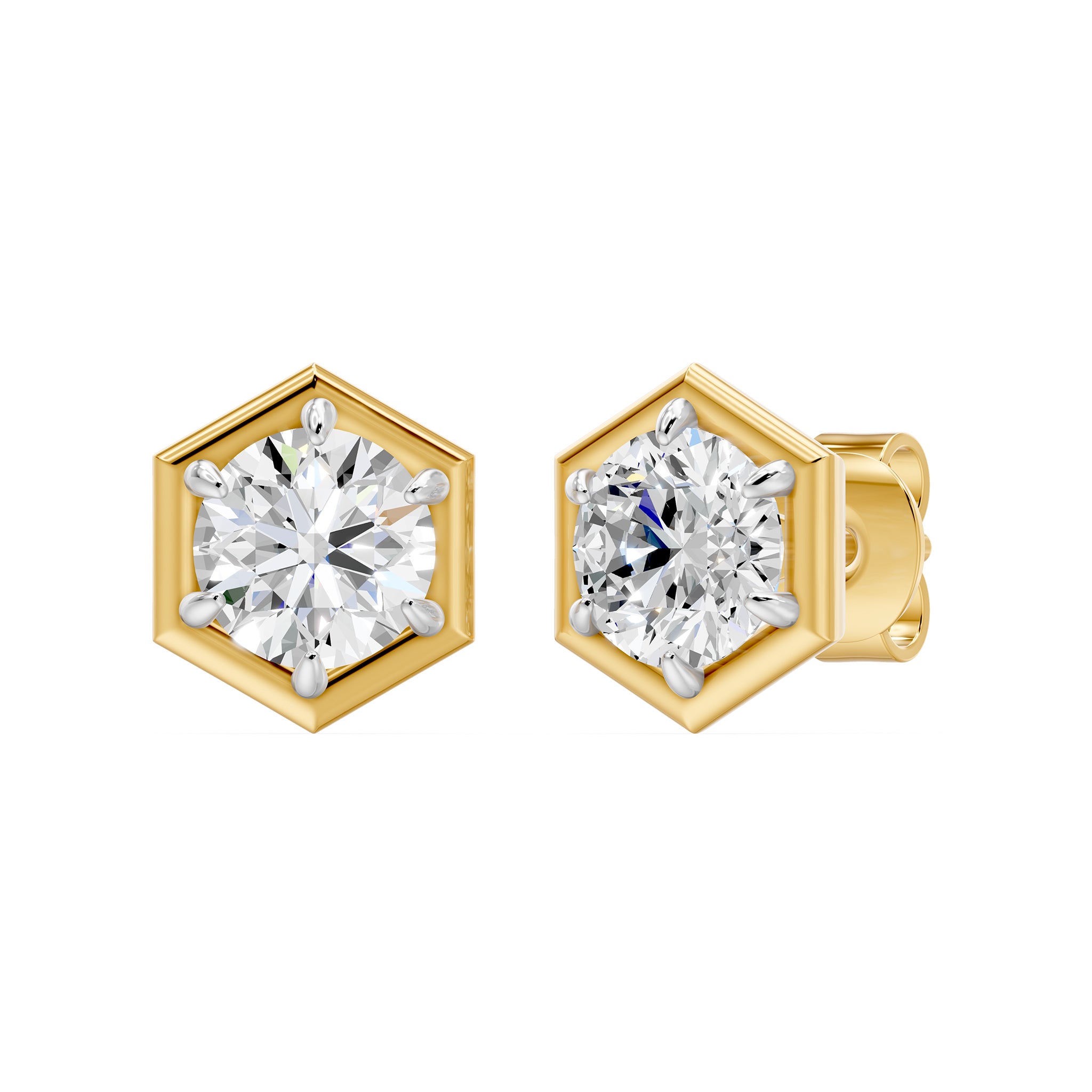 Frame Bezel Round Hex Solitaire Stud Earrings, lab-grown diamonds, 14K yellow gold, front view