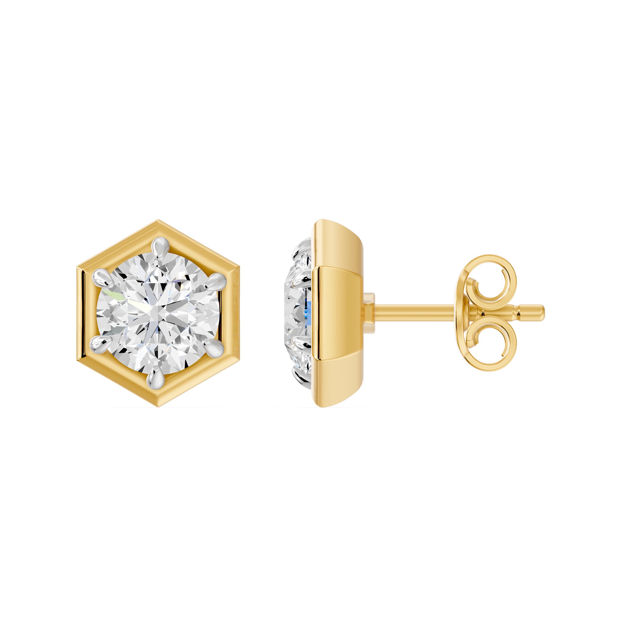Frame Bezel Round Hex Solitaire Stud Earrings, lab-grown diamonds, 14K yellow gold, side view
