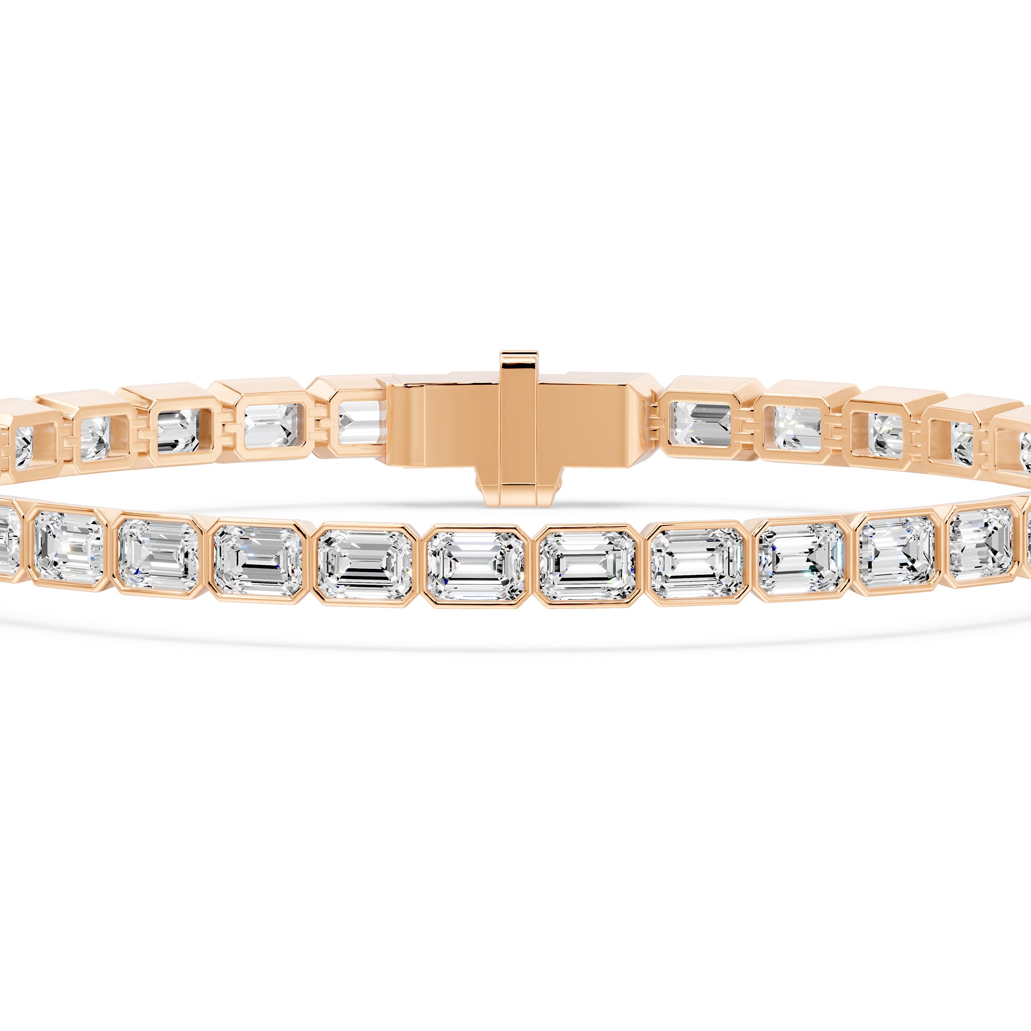 Nova Bezel Emerald Cut Diamond Tennis Bracelet, lab-grown diamonds, 14K rose gold, detail view