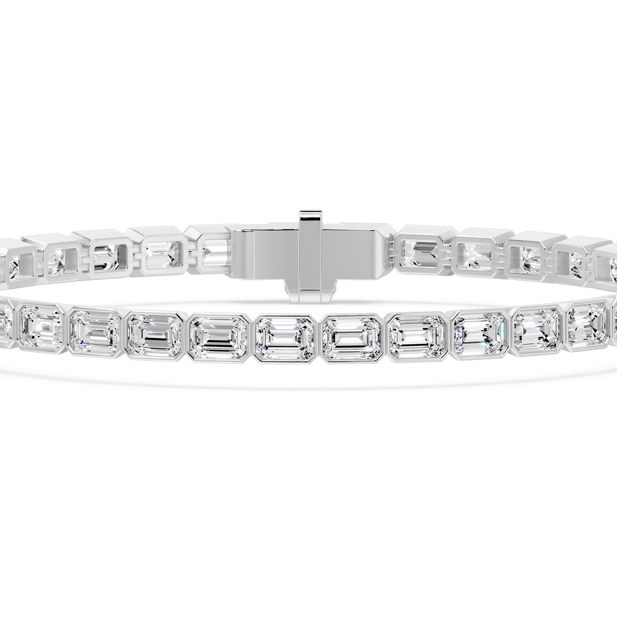 Nova Bezel Emerald Cut Diamond Tennis Bracelet, lab-grown diamonds, 14K white gold, detail view