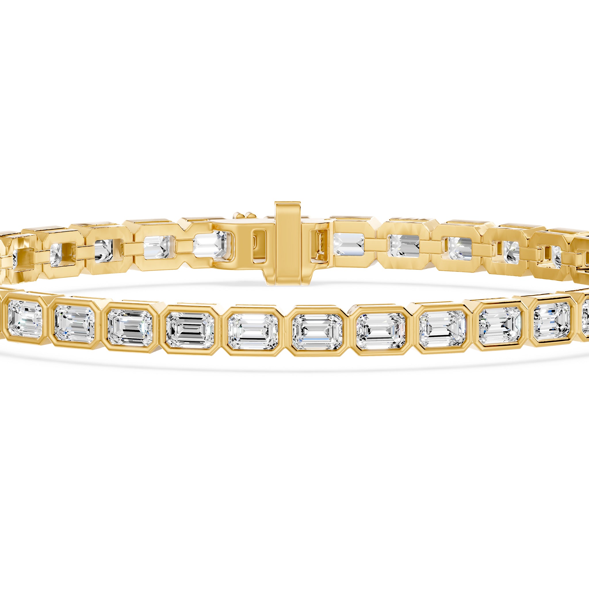Nova Bezel Emerald Cut Diamond Tennis Bracelet, lab-grown diamonds, 14K yellow gold, 5ct, detail view