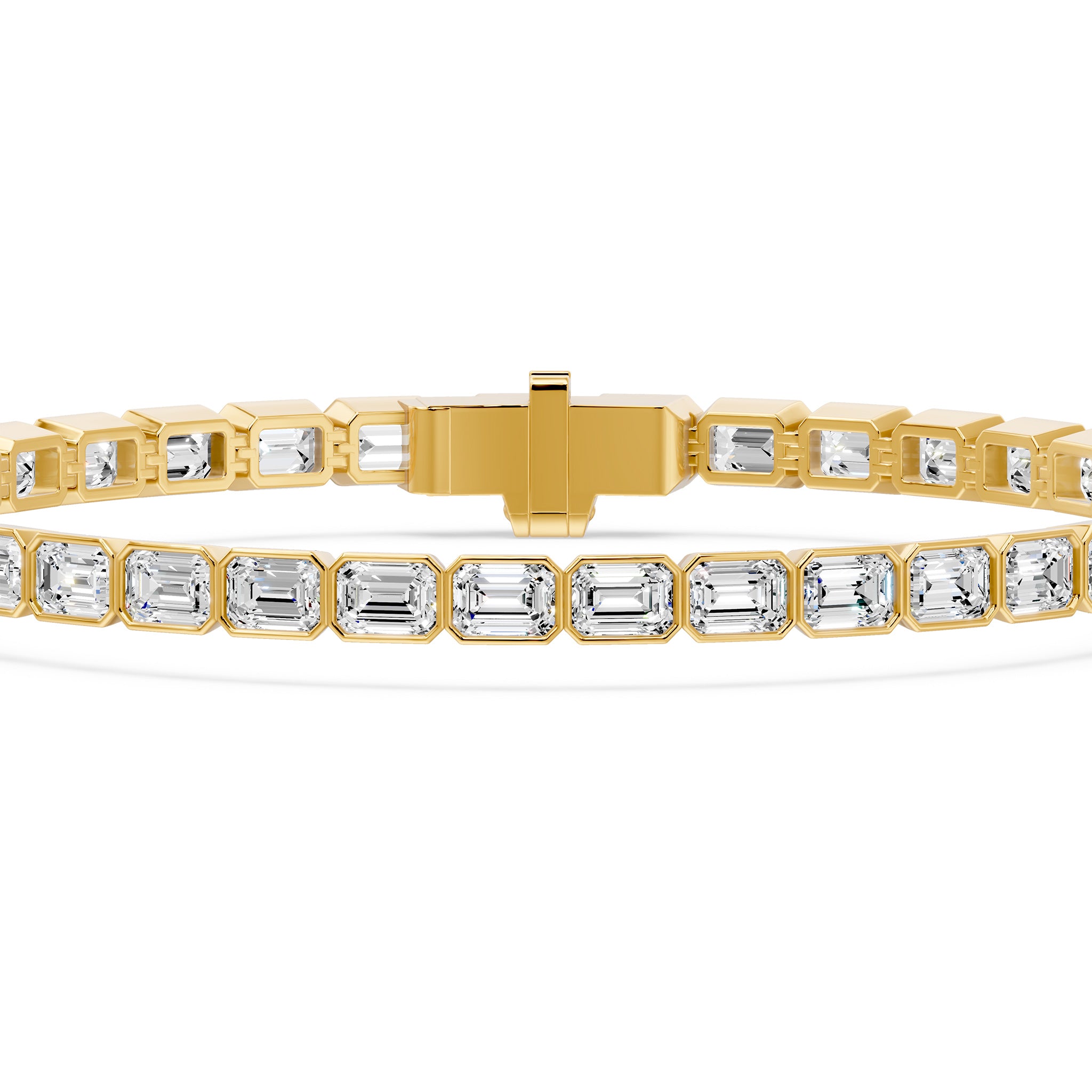 Nova Bezel Emerald Cut Diamond Tennis Bracelet, lab-grown diamonds, 14K yellow gold, 7.7ct, detail view