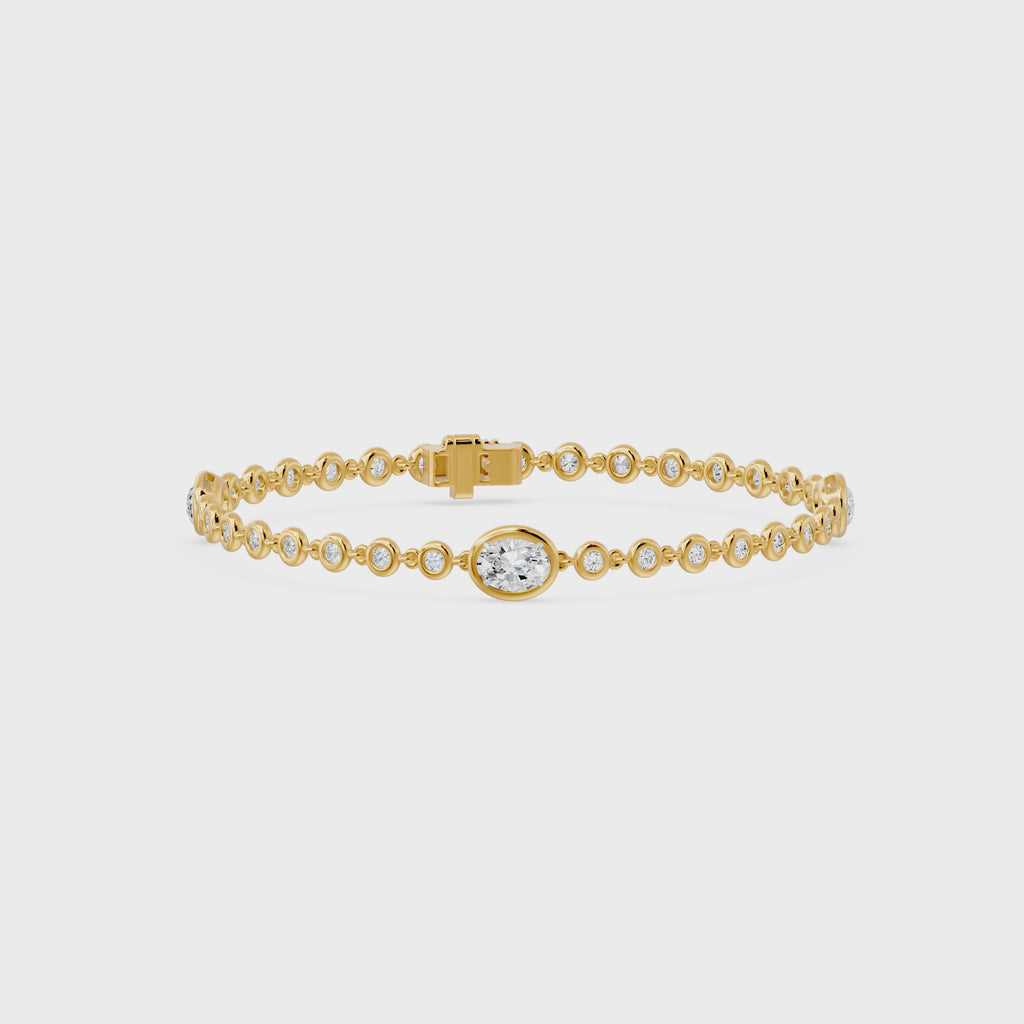 Frame Bezel Center Court Oval Diamond Station Chain Bracelet, lab-grown diamonds, 14K yellow gold, video