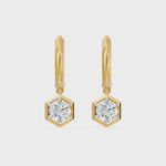 Frame Bezel Round Hex Dangle Huggie Earrings, lab-grown diamonds, 14K yellow gold, video