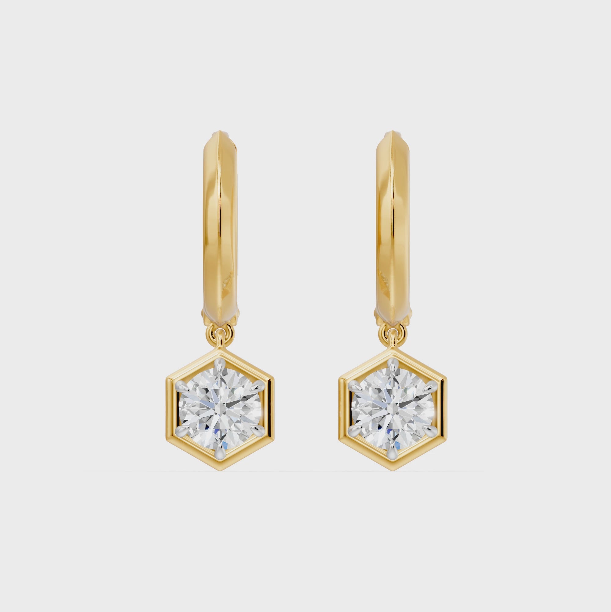 Frame Bezel Round Hex Dangle Huggie Earrings, lab-grown diamonds, 14K yellow gold, video