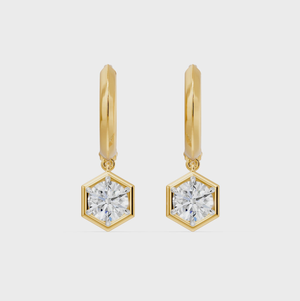 Frame Bezel Round Hex Dangle Huggie Earrings, lab-grown diamonds, 14K yellow gold, video