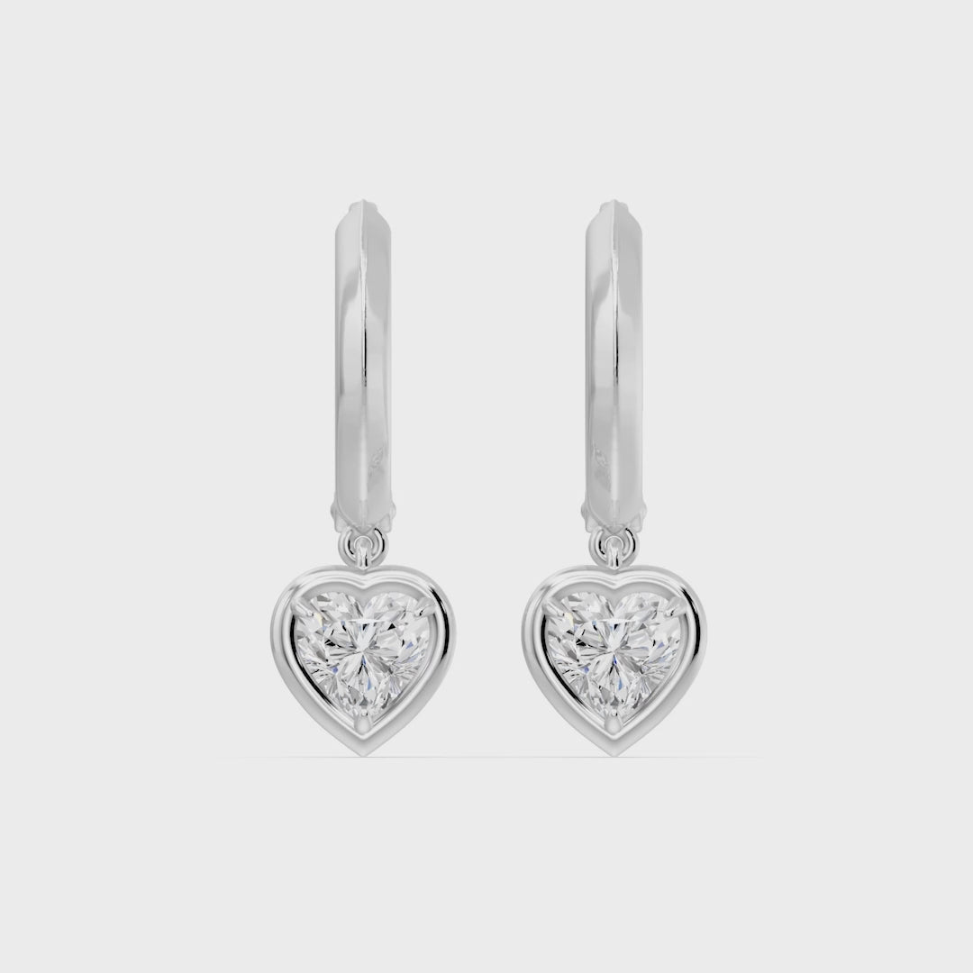 Frame Bezel Heart Dangle Huggie Earrings, lab-grown diamonds, 14K white gold, video