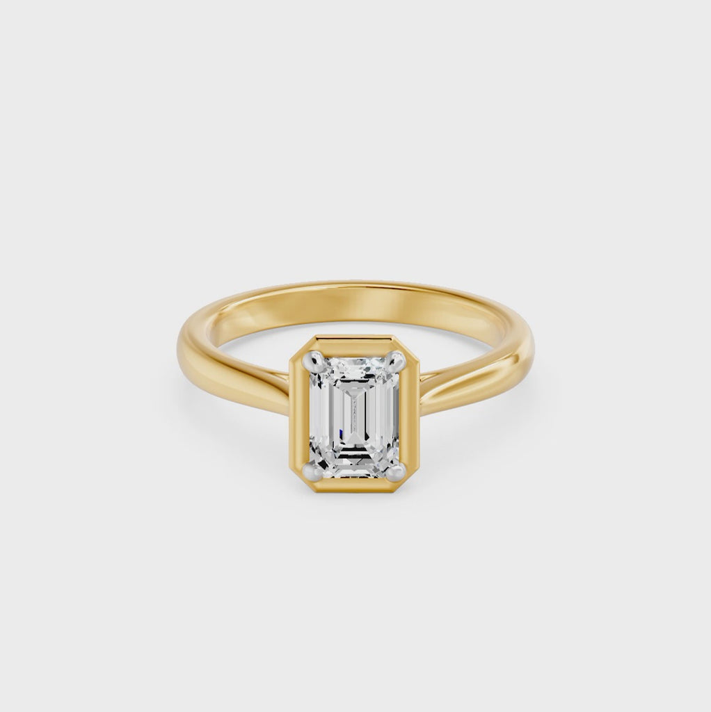 Frame Bezel Emerald Cut Solitaire Ring, lab-grown diamonds, 14K yellow gold, video