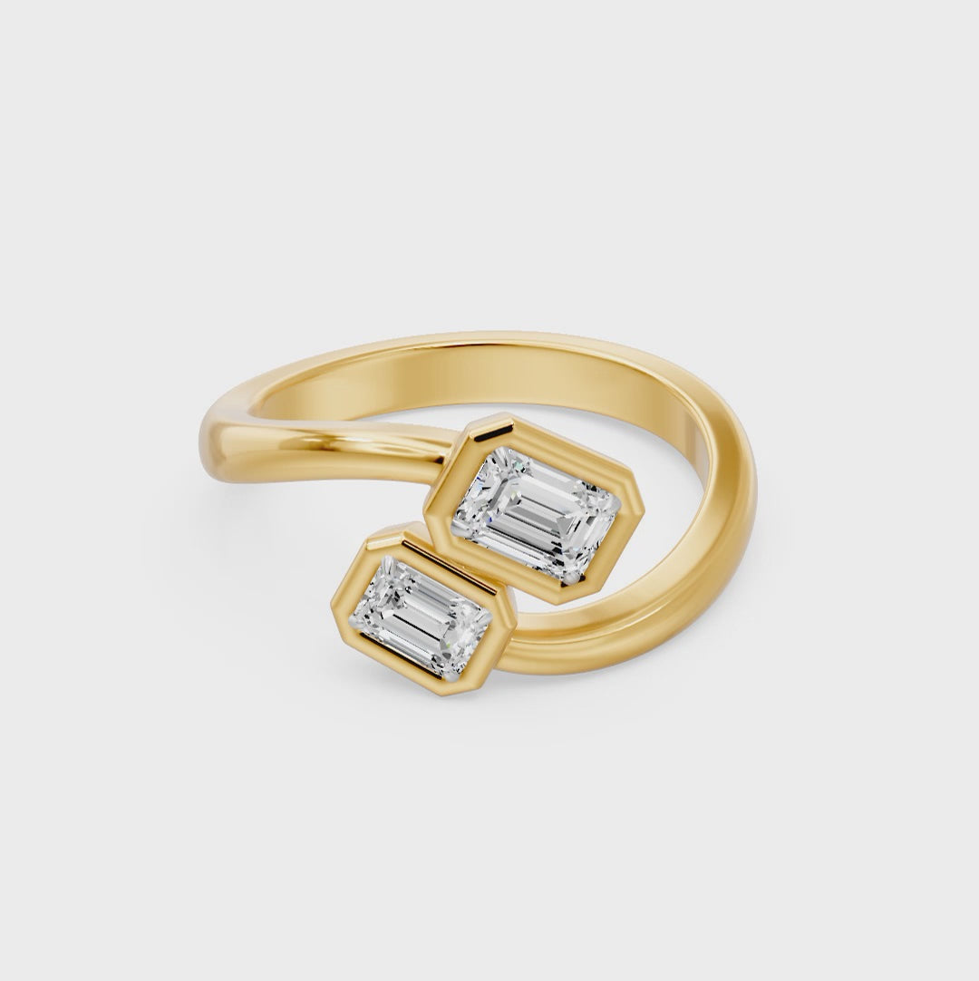 Frame Bezel Emerald Duo Two Stone Ring, lab-grown diamonds, 14K yellow gold, video