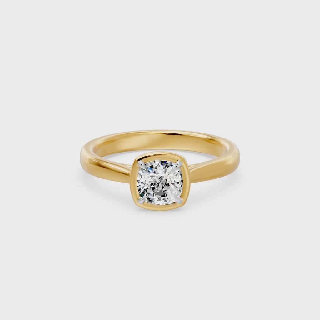 Frame Bezel Cushion Cut Solitaire Ring, lab-grown diamonds, 14K yellow gold, video