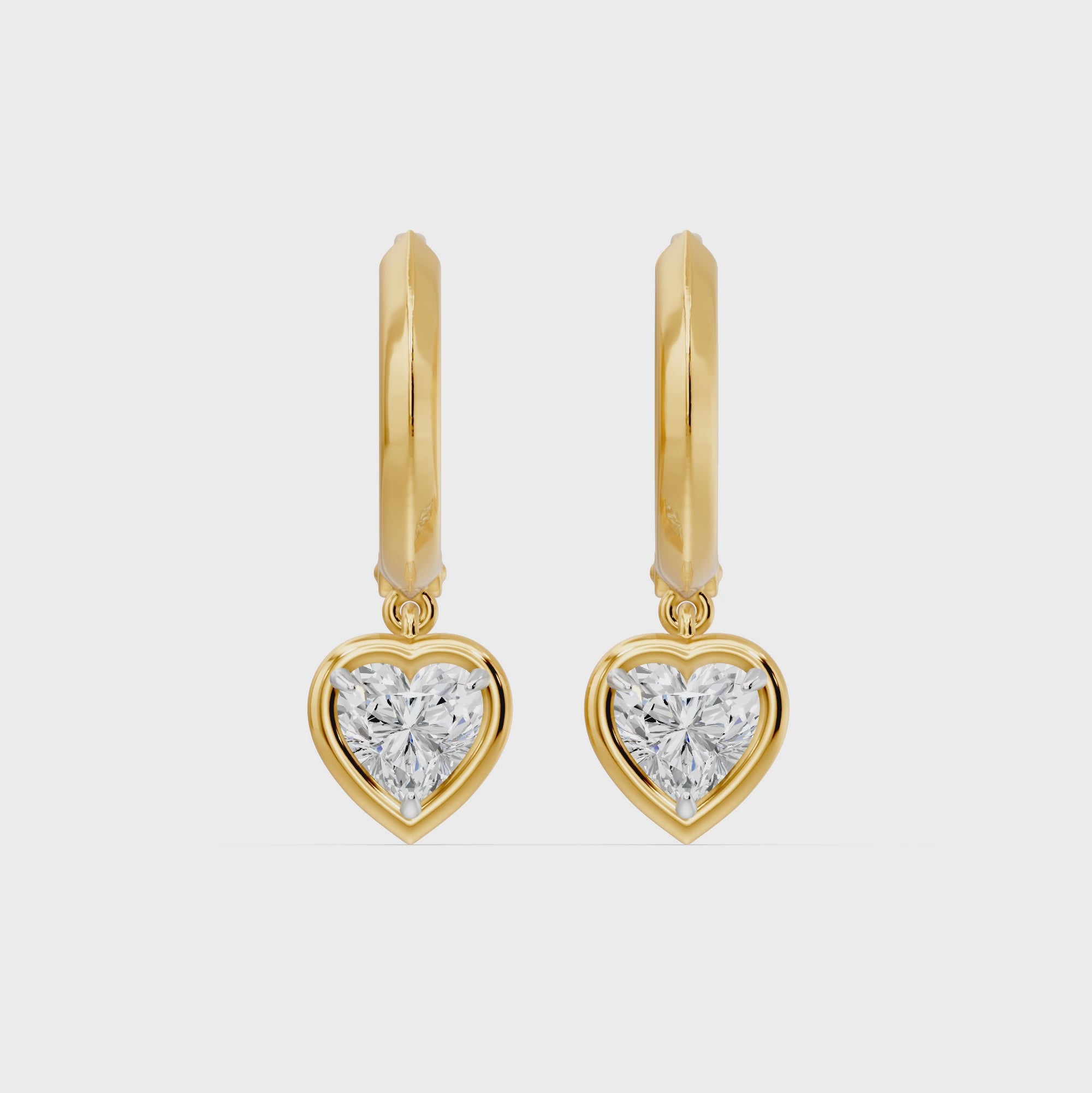Frame Bezel Heart Dangle Huggie Earrings, lab-grown diamonds, 14K yellow gold, video