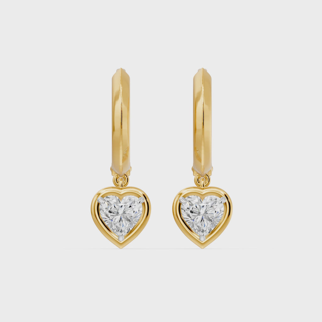 Frame Bezel Heart Dangle Huggie Earrings, lab-grown diamonds, 14K yellow gold, video