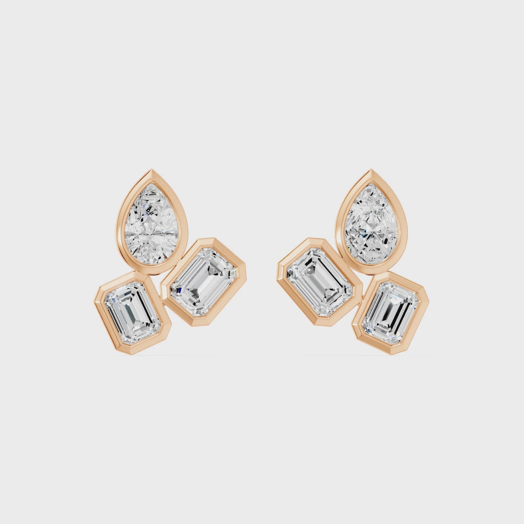 Frame Bezel Pear Emerald Trio Stud Earrings, lab-grown diamonds, 14K rose gold, video