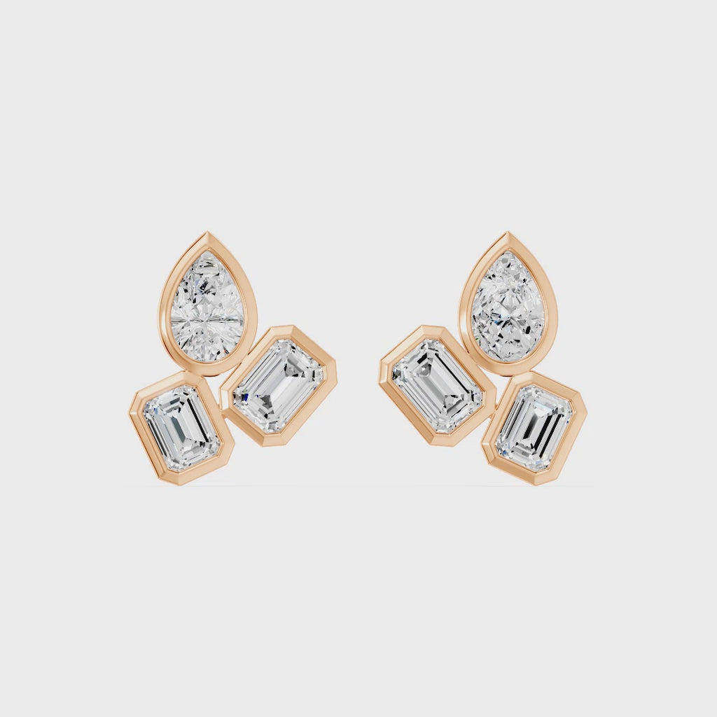Frame Bezel Pear Emerald Trio Stud Earrings, lab-grown diamonds, 14K rose gold, video