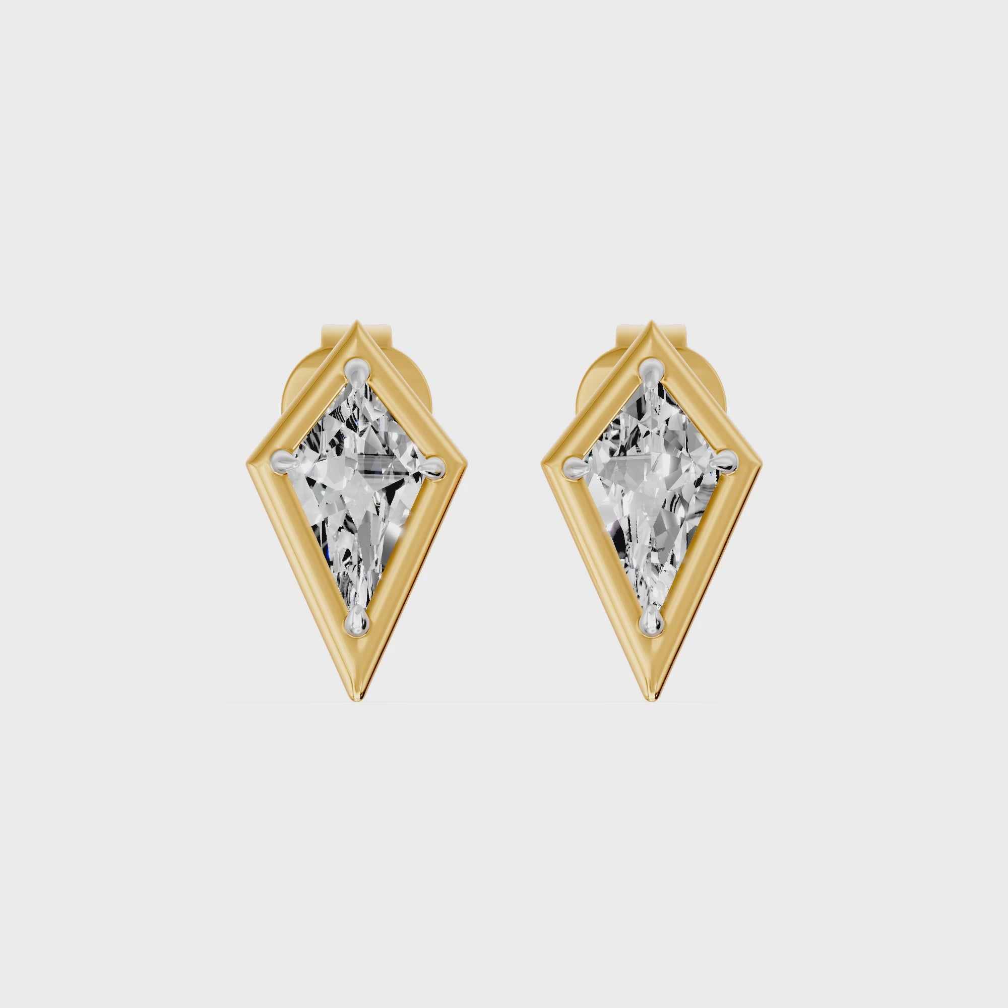 Frame Bezel Kite Cut Solitaire Stud Earrings, lab-grown diamonds, 14K yellow gold, video