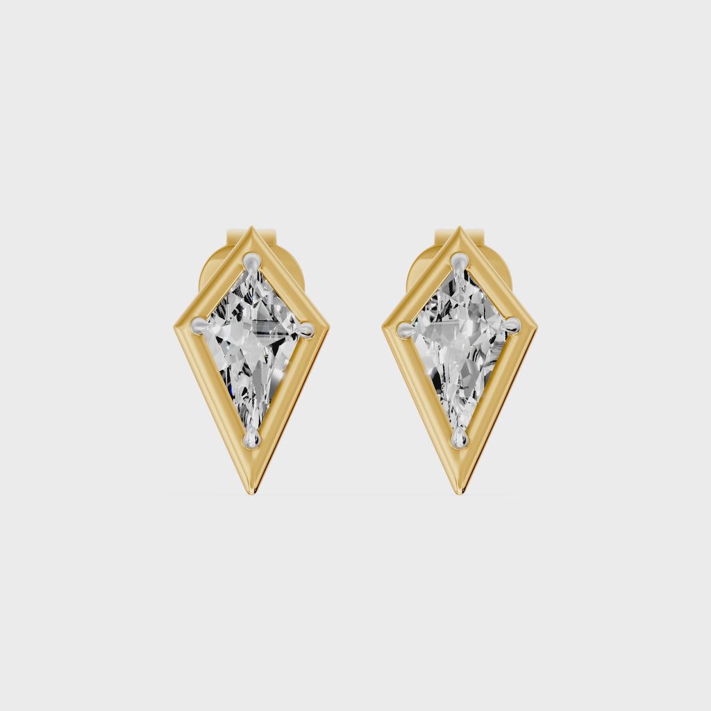 Frame Bezel Kite Cut Solitaire Stud Earrings, lab-grown diamonds, 14K yellow gold, video