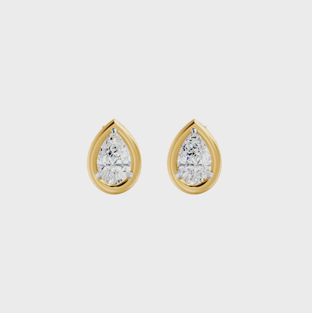 Frame Bezel Pear Solitaire Stud Earrings, lab-grown diamonds, 14K yellow gold, video