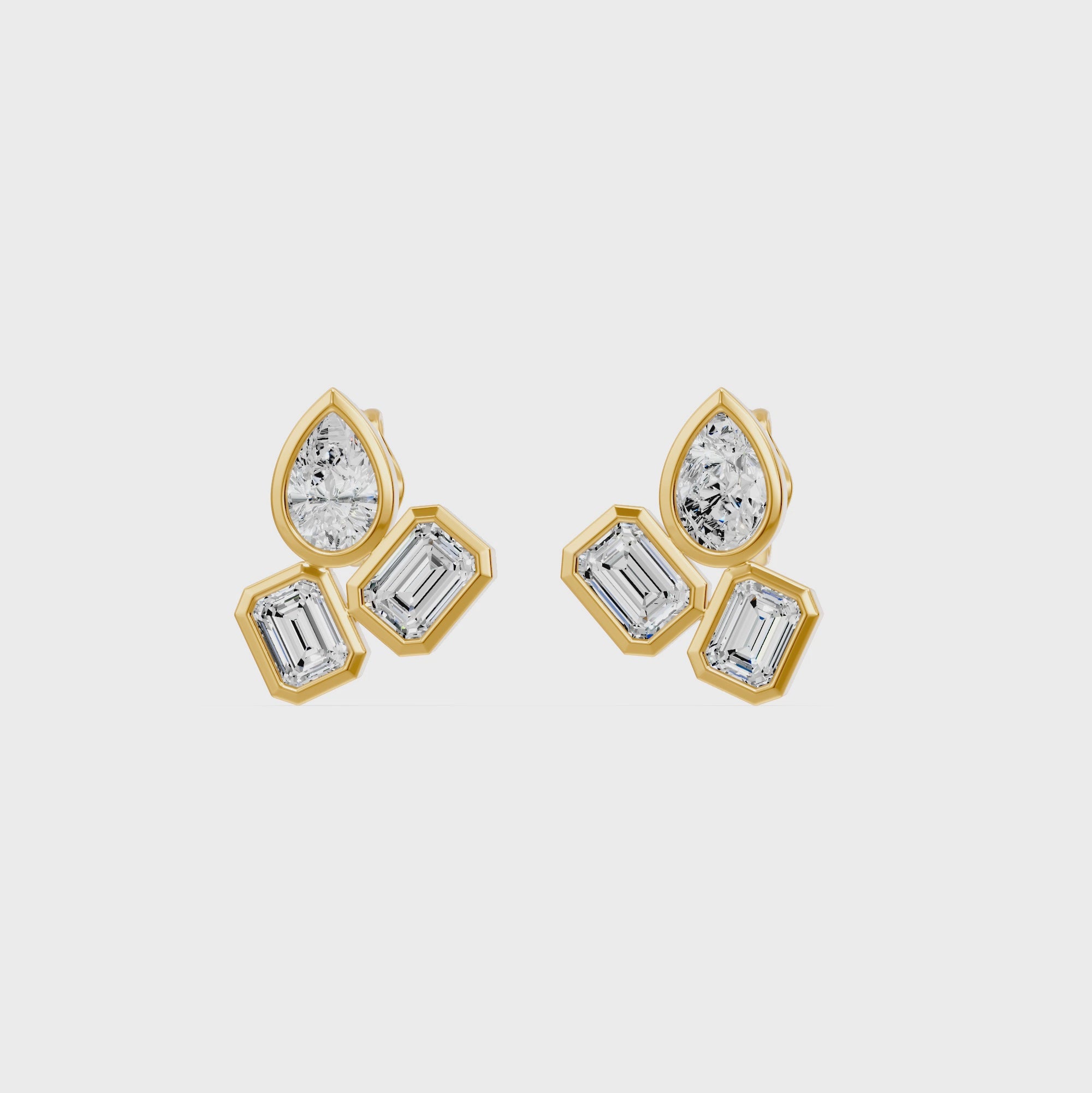 Frame Bezel Pear Emerald Trio Stud Earrings, lab-grown diamonds, 14K yellow gold, video