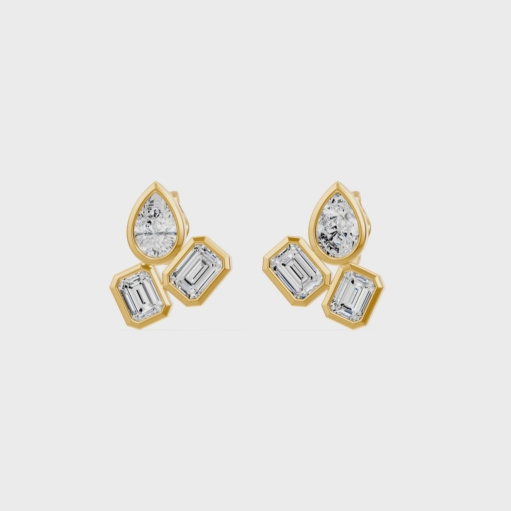 Frame Bezel Pear Emerald Trio Stud Earrings, lab-grown diamonds, 14K yellow gold, video