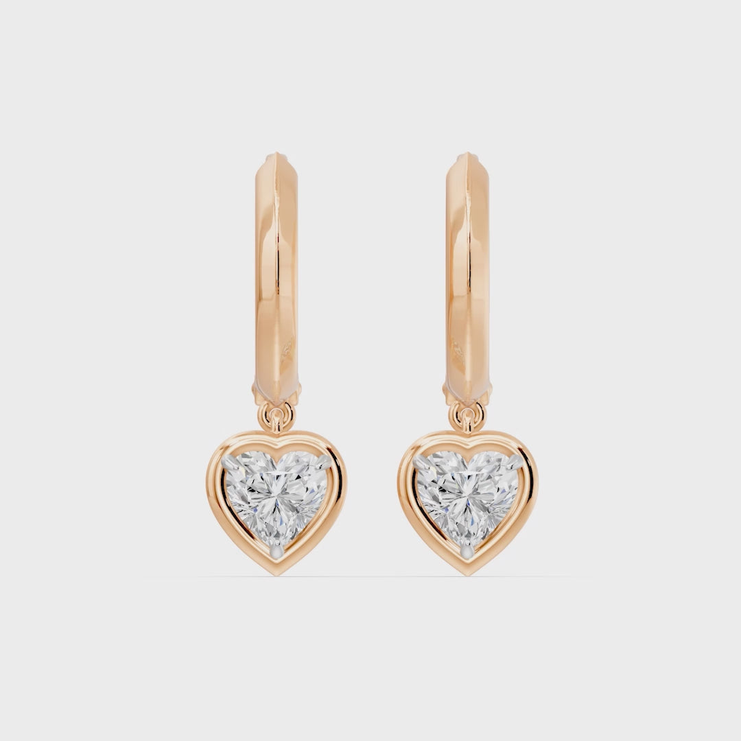 Frame Bezel Heart Dangle Huggie Earrings, lab-grown diamonds, 14K rose gold, video