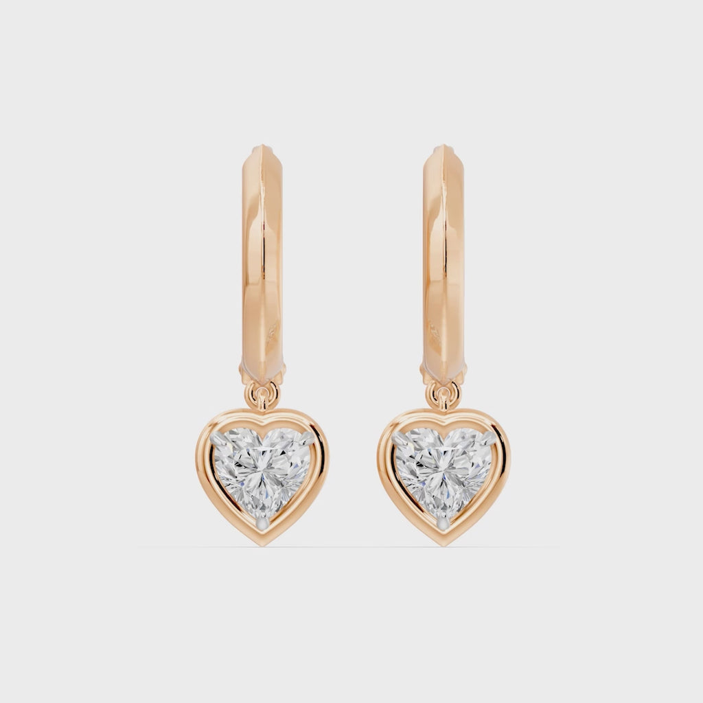 Frame Bezel Heart Dangle Huggie Earrings, lab-grown diamonds, 14K rose gold, video