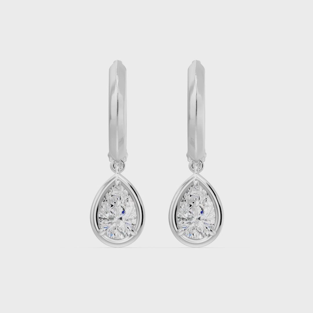 Frame Bezel Pear Dangle Huggie Earrings, lab-grown diamonds, 14K white gold, video