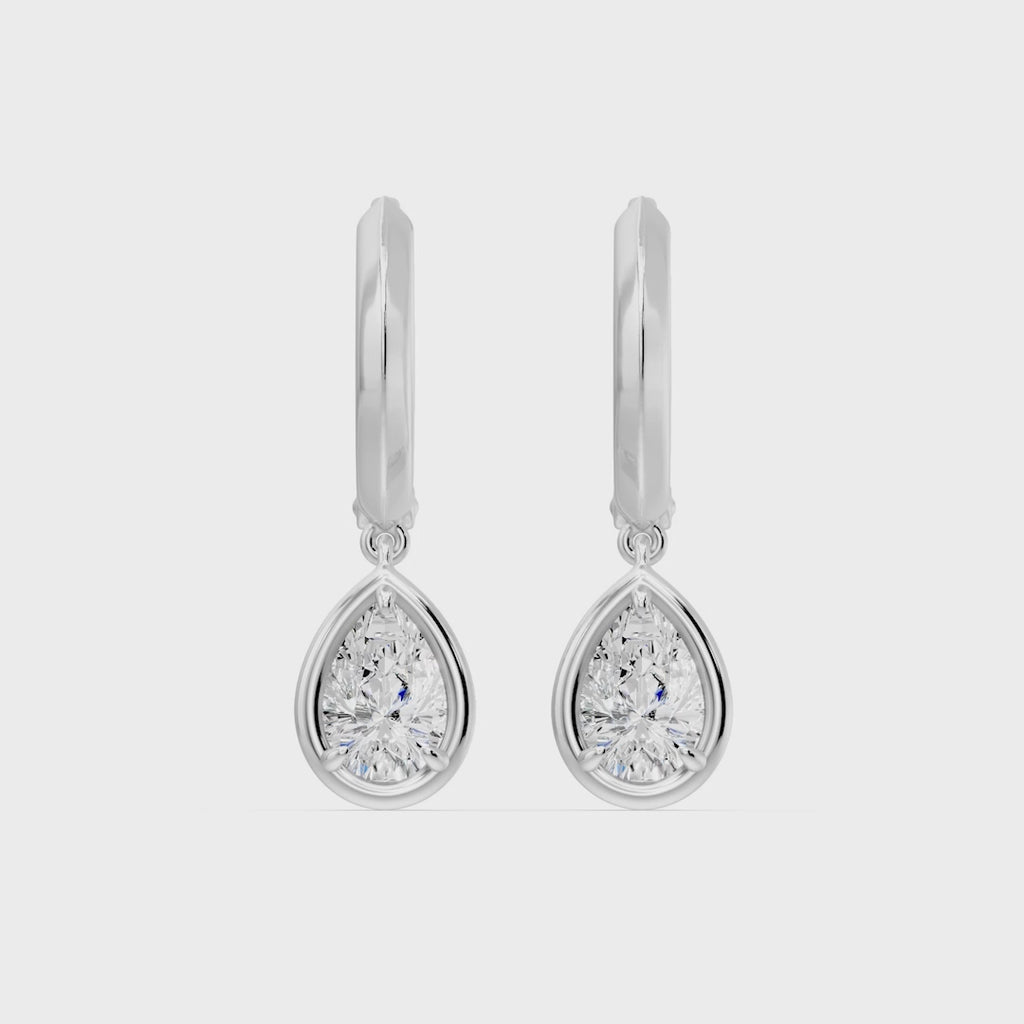 Frame Bezel Pear Dangle Huggie Earrings, lab-grown diamonds, 14K white gold, video