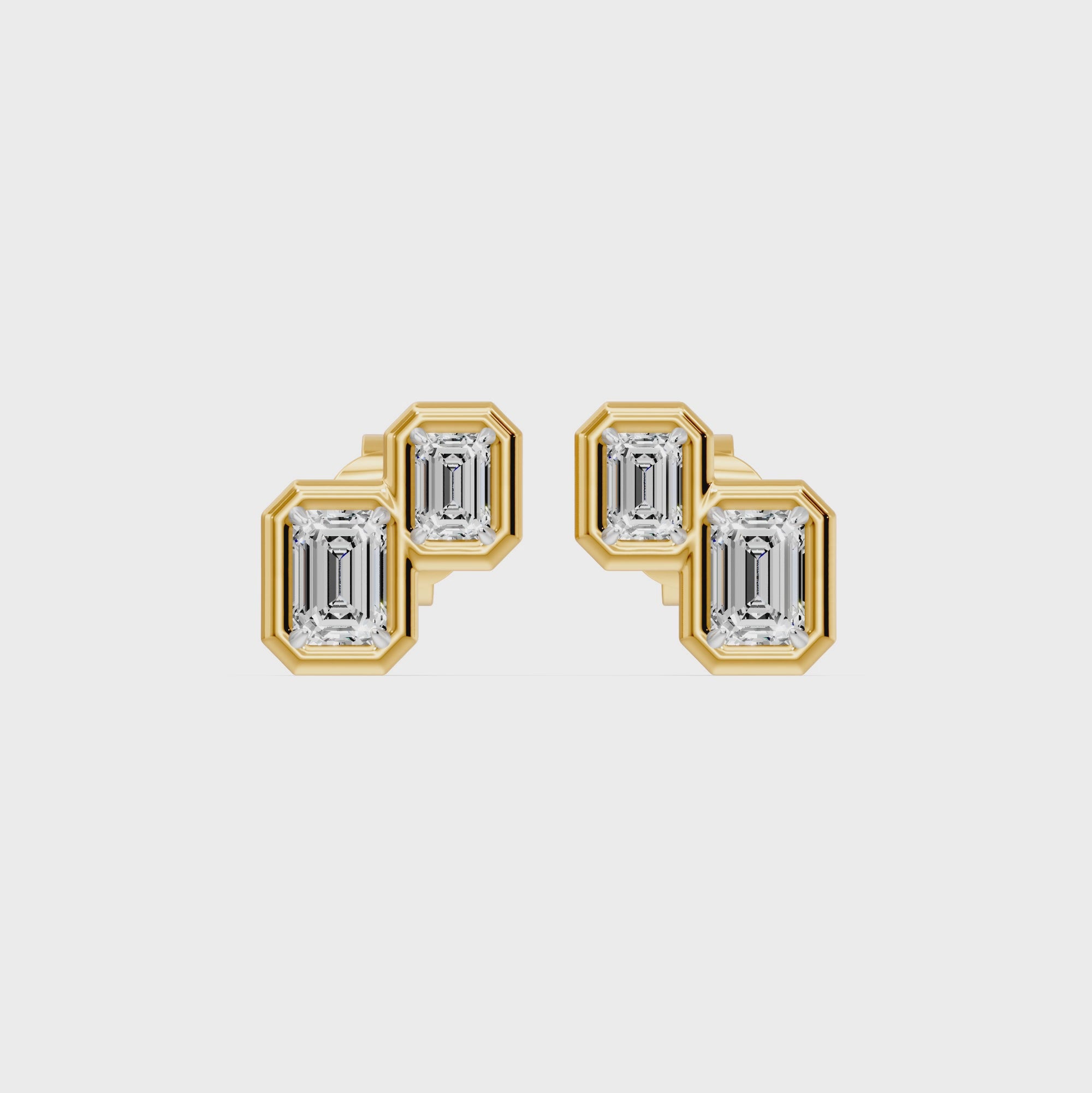 Frame Bezel Emerald Duo Stud Earrings, lab-grown diamonds, 14K yellow gold, video