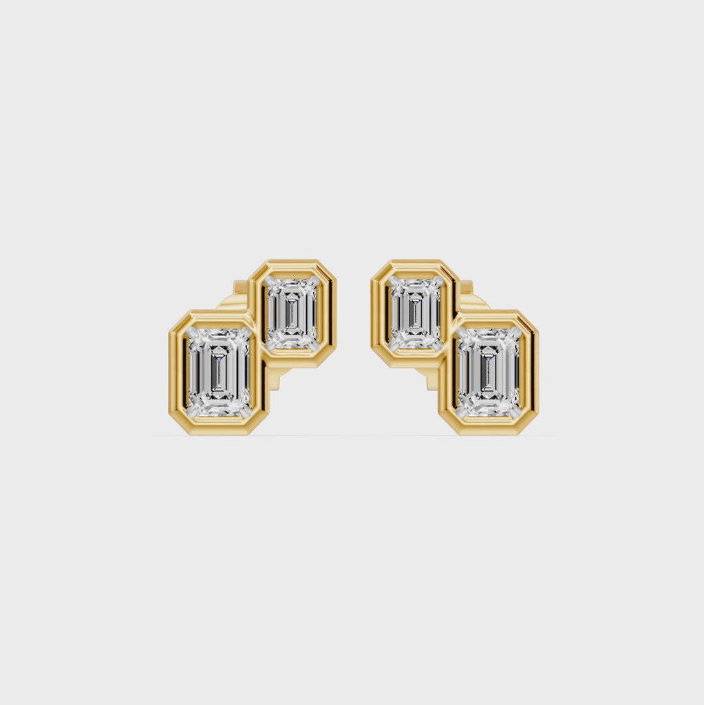 Frame Bezel Emerald Duo Stud Earrings, lab-grown diamonds, 14K yellow gold, video