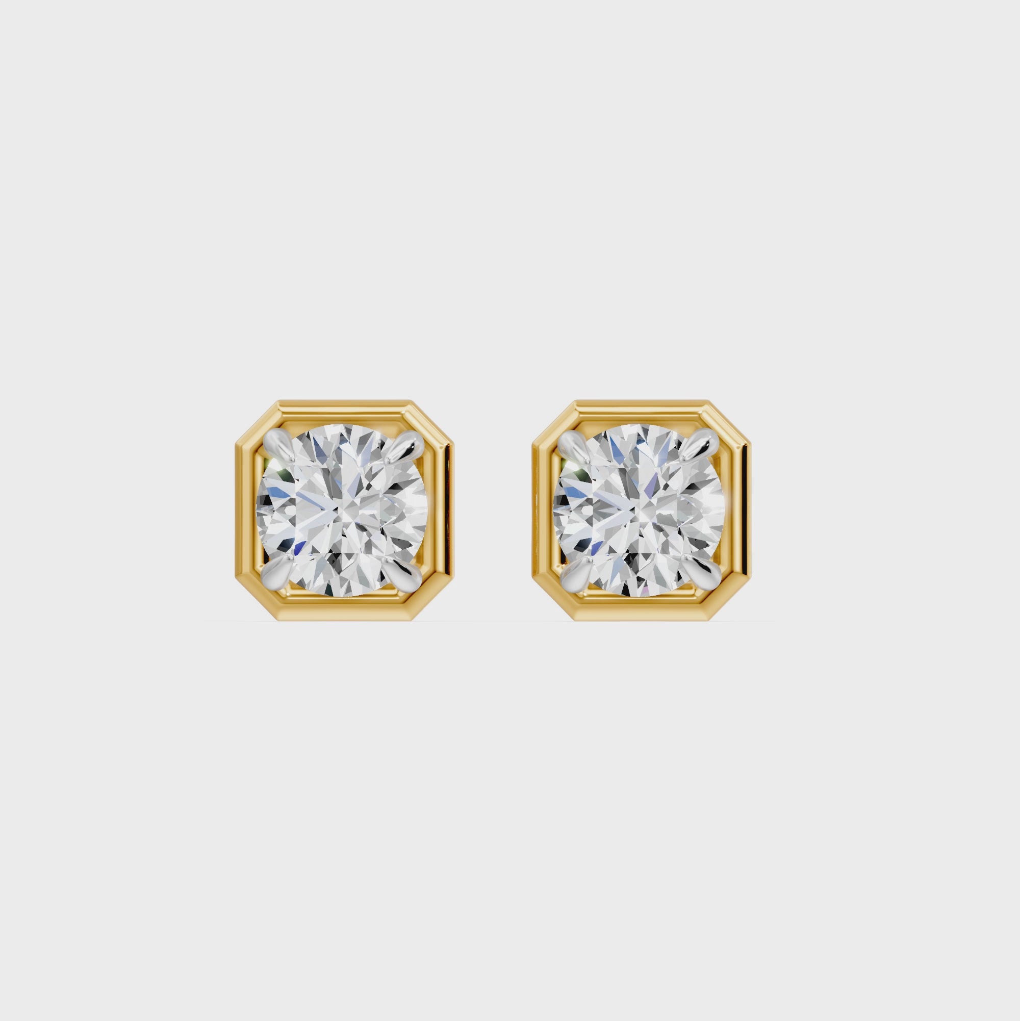 Frame Bezel Round Cush Solitaire Stud Earrings, lab-grown diamonds, 14K yellow gold, video