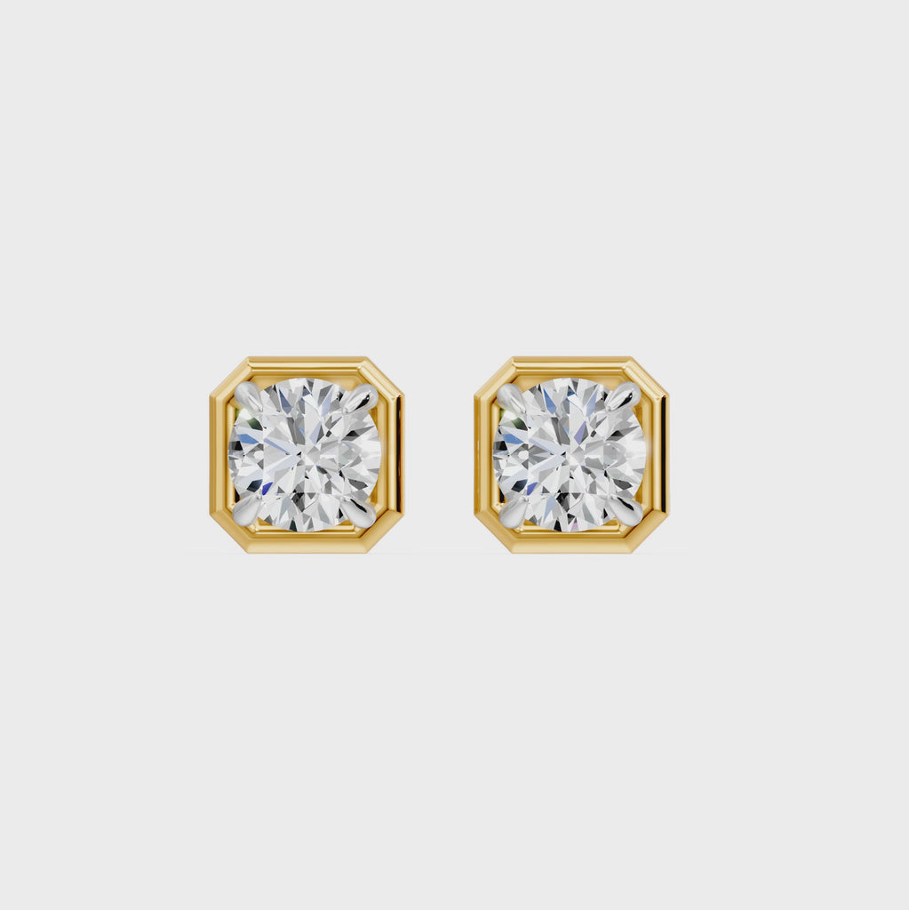 Frame Bezel Round Cush Solitaire Stud Earrings, lab-grown diamonds, 14K yellow gold, video