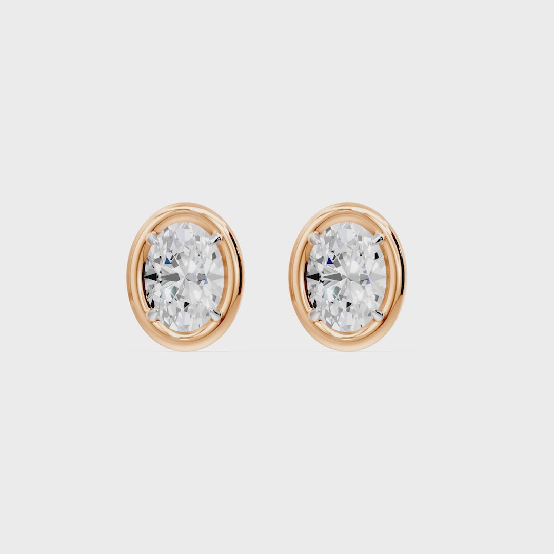 Frame Bezel Oval Solitaire Stud Earrings, lab-grown diamonds, 14K rose gold, video