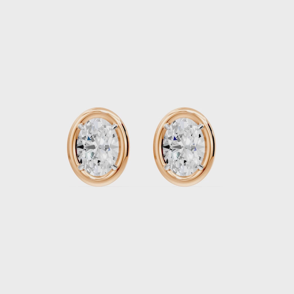 Frame Bezel Oval Solitaire Stud Earrings, lab-grown diamonds, 14K rose gold, video