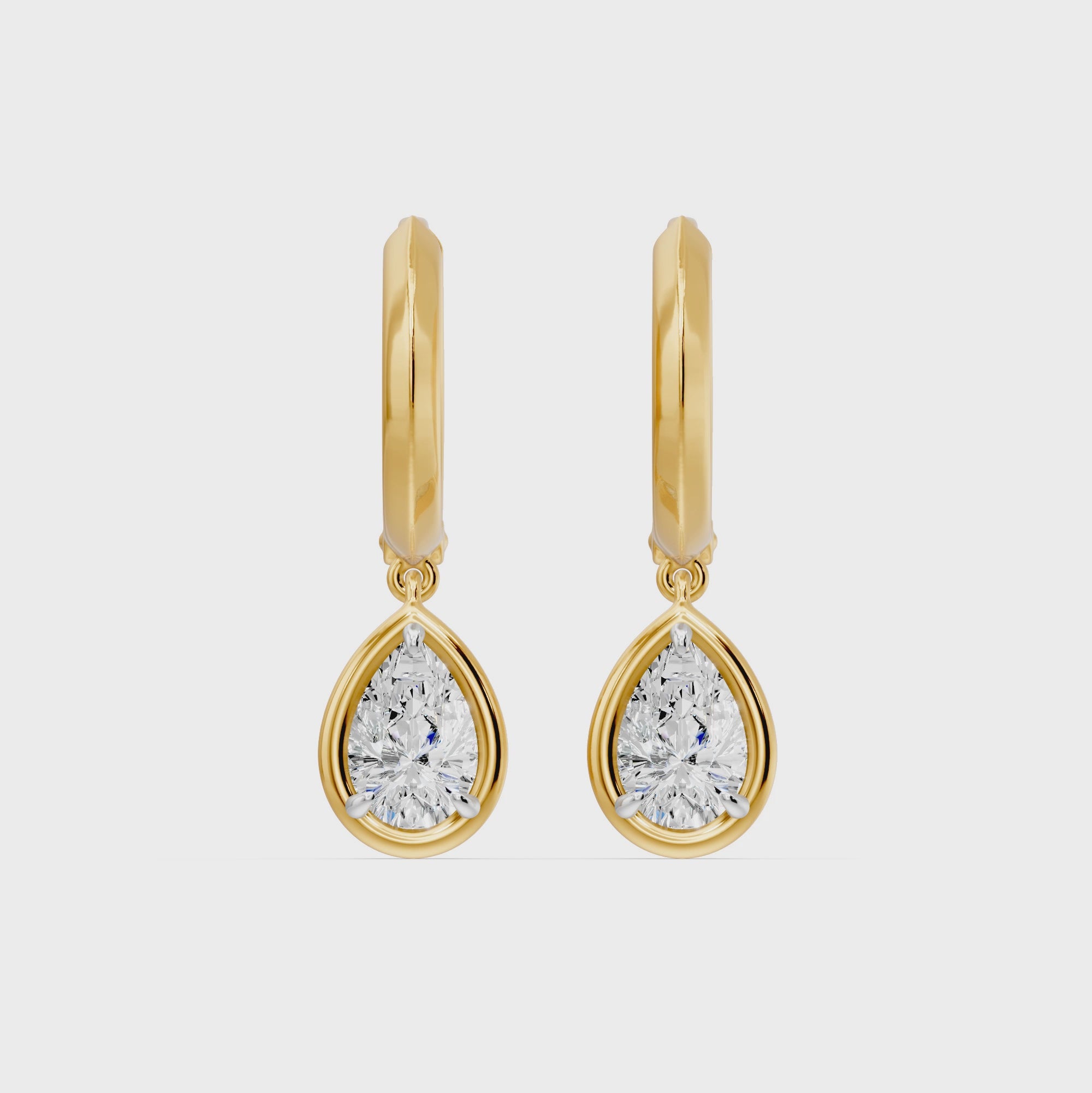 Frame Bezel Pear Dangle Huggie Earrings, lab-grown diamonds, 14K yellow gold, video