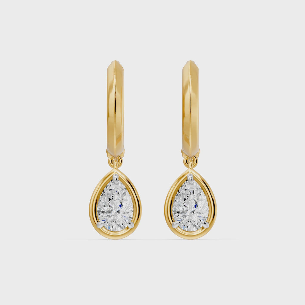 Frame Bezel Pear Dangle Huggie Earrings, lab-grown diamonds, 14K yellow gold, video