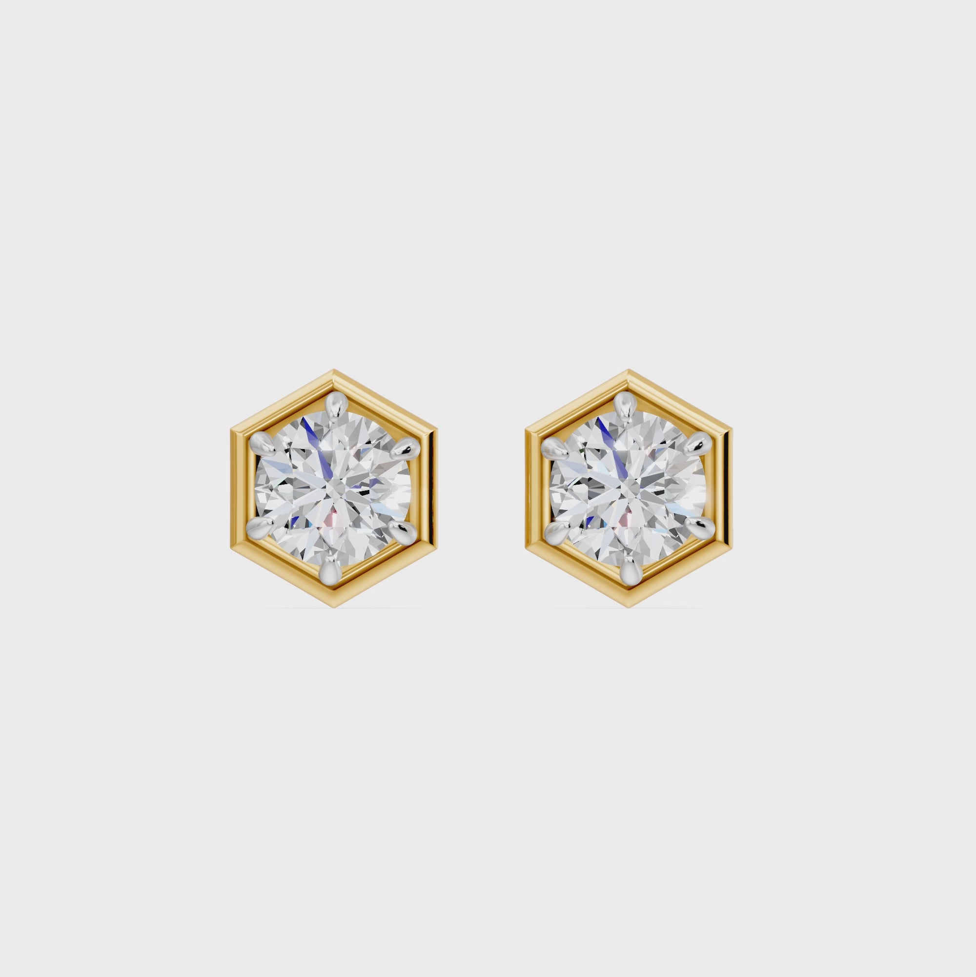 Frame Bezel Round Hex Solitaire Stud Earrings, lab-grown diamonds, 14K yellow gold, video