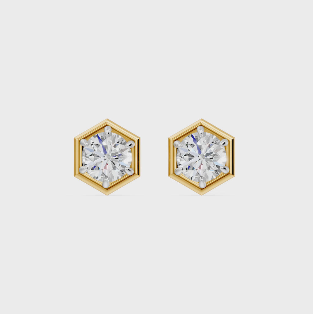 Frame Bezel Round Hex Solitaire Stud Earrings, lab-grown diamonds, 14K yellow gold, video