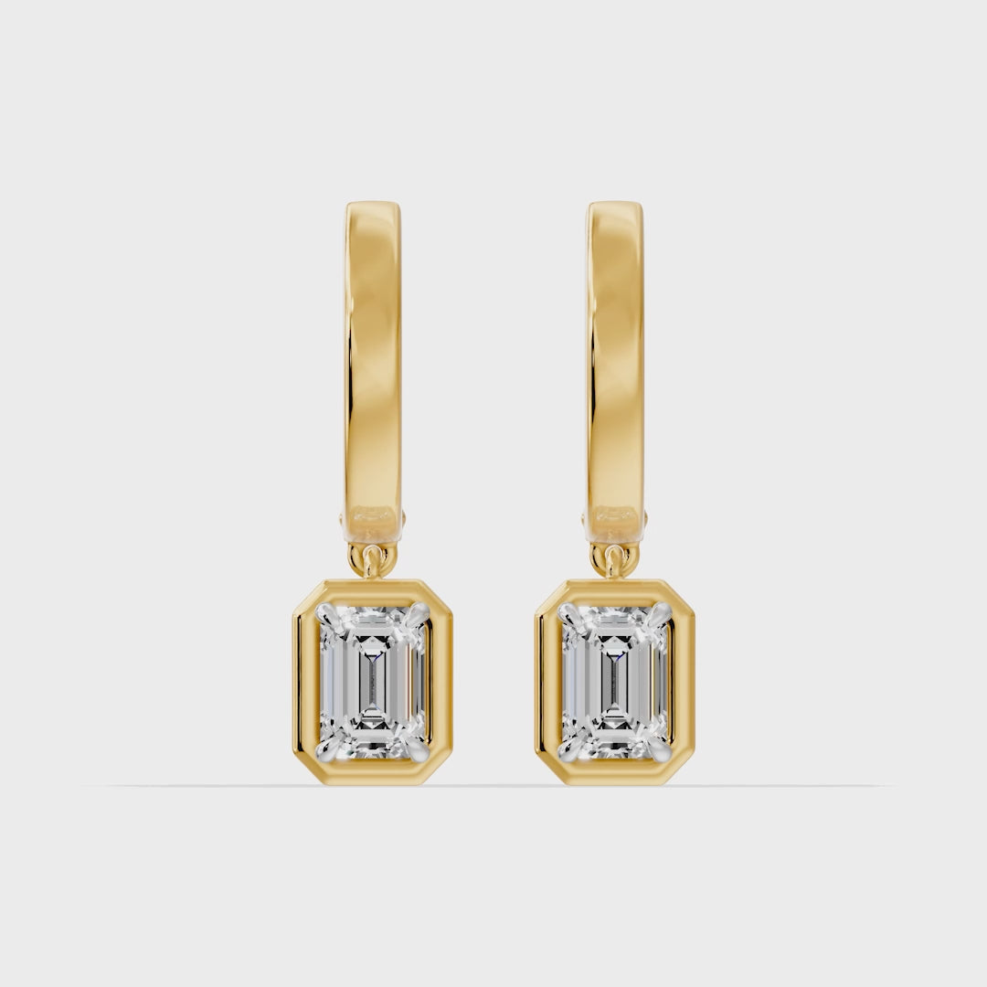 Frame Bezel Emerald Dangle Huggie Earrings, lab-grown diamonds, 14K yellow gold, video