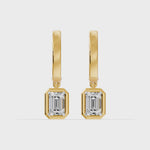 Frame Bezel Emerald Dangle Huggie Earrings, lab-grown diamonds, 14K yellow gold, video